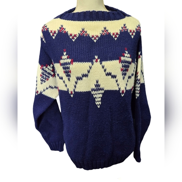 Vintage 1980s Kimlon by RBK Importers navy blue and cream knit sweater - Picture 1 of 6
